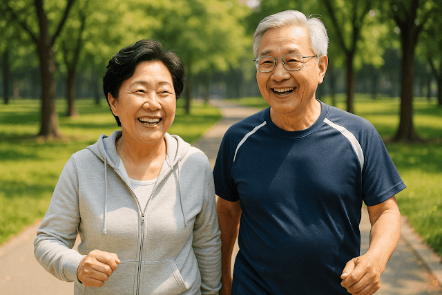 운동복 차림의 한인 시니어 부부가 공원을 함께 걷는 모습, 밝은 미소와 건강한 분위기