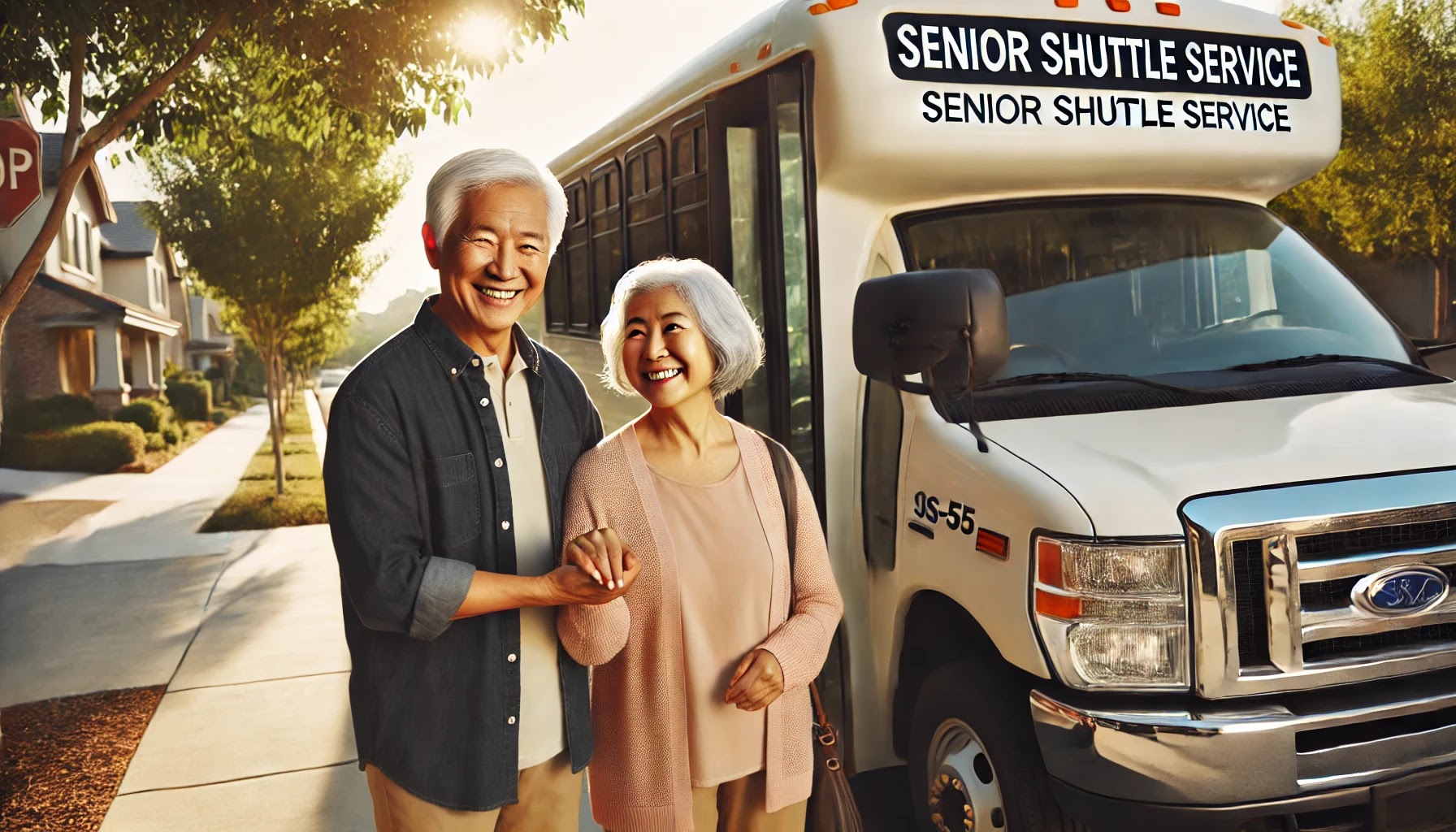 운전이 어려운 시니어를 위한 미국 무료 셔틀버스 서비스, 조용한 교외에 정차한 Senior Shuttle Service 차량