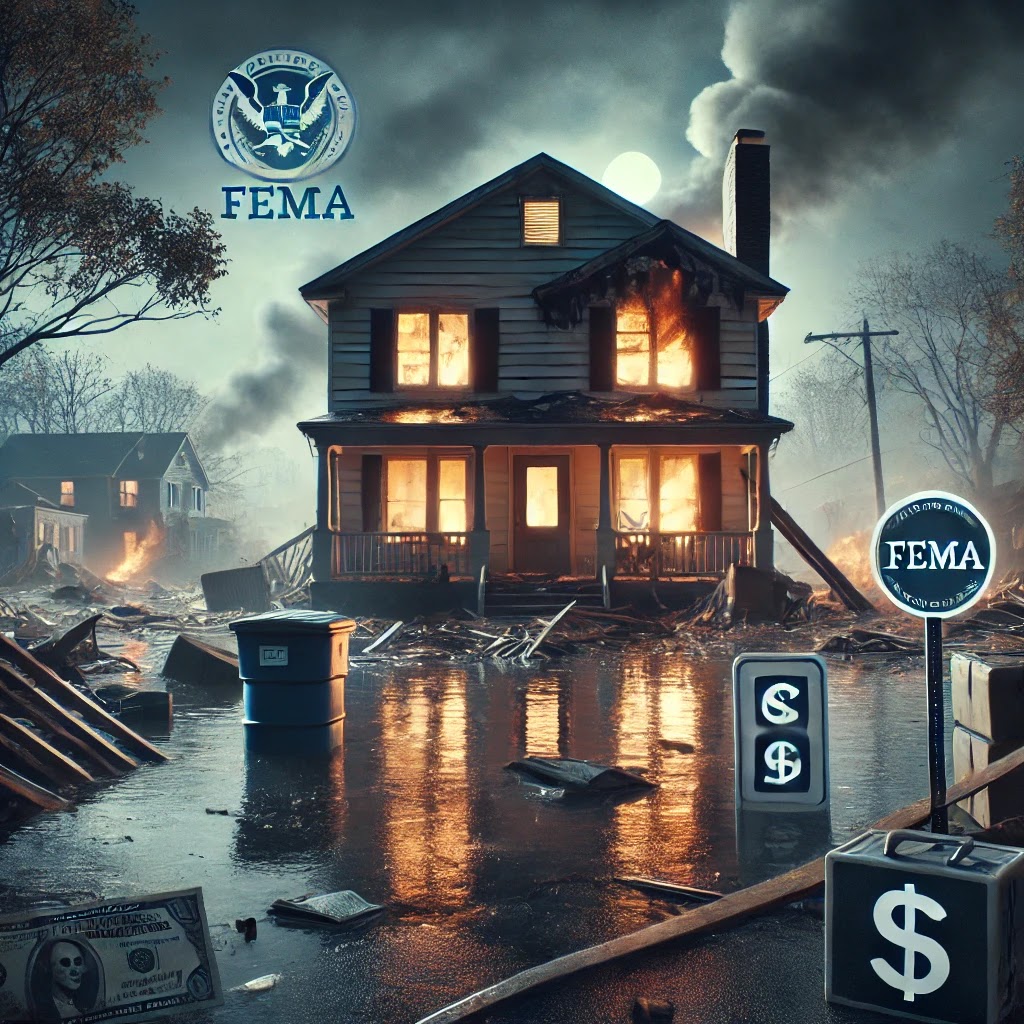 2025년 미국 재난 피해 이미지 - 파손된 집, 화재, 침수, FEMA 지원 상징 포함