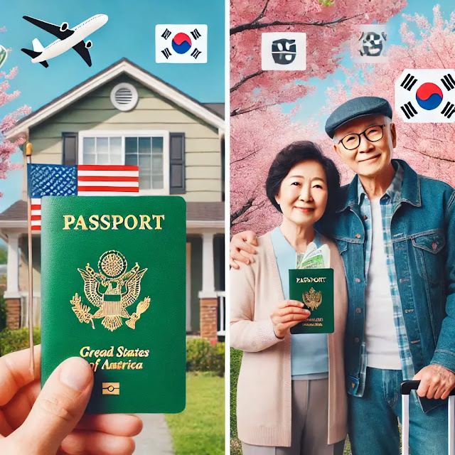 미국 영주권자와 시민권자가 한국에 장기체류하는 모습, 미국 집과 한국 벚꽃 공원 장면으로 구성된 썸네일