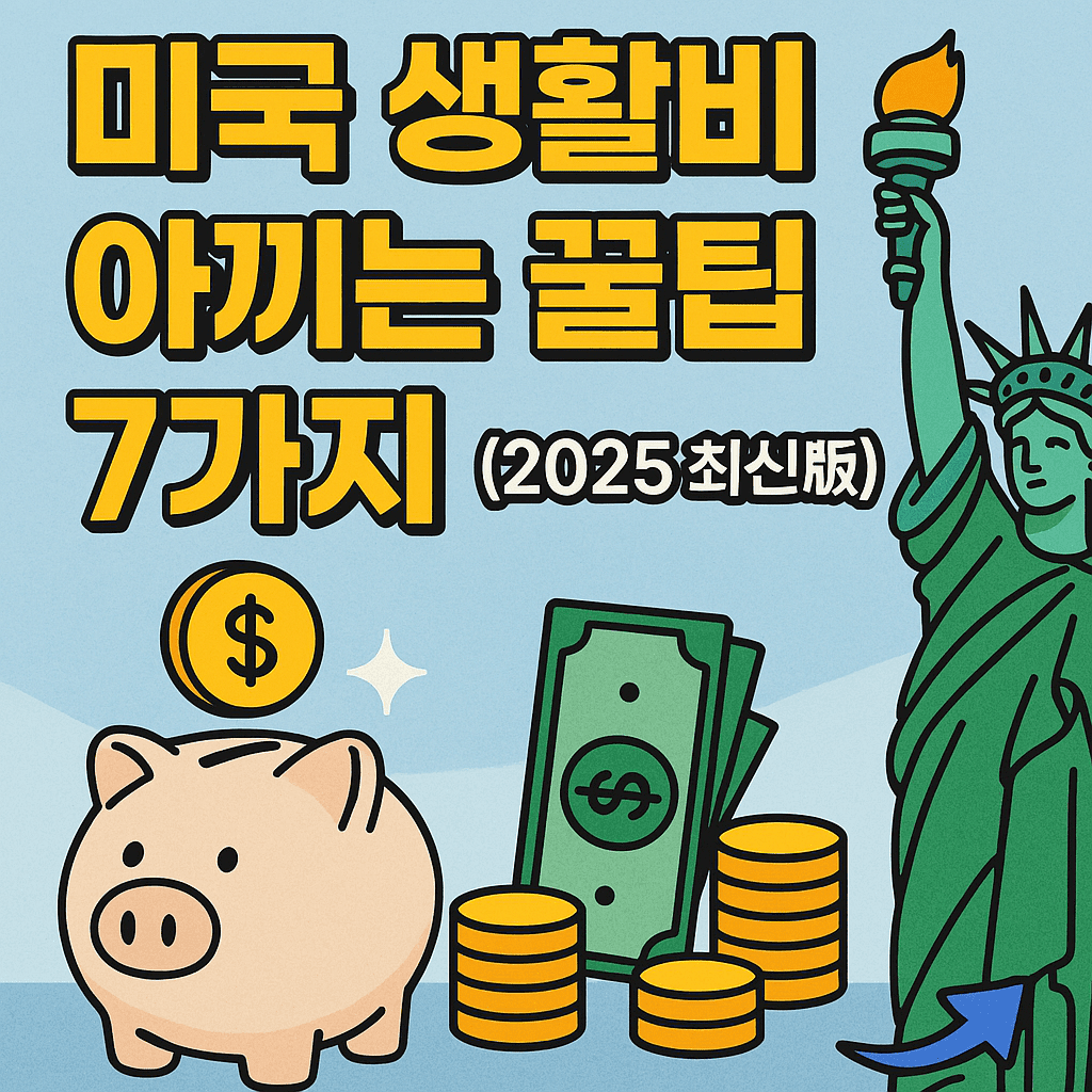 2025년 미국 생활비 절약 꿀팁을 주제로 한 썸네일 이미지, 자유의 여신상과 돈 관련 아이콘이 파란 배경 위에 강조된 모습