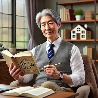 미국 부동산을 배경으로 부동산 에이전트로 활동하는 시니어를 상징하는 일러스트
