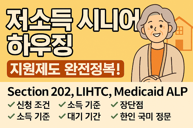 저소득 시니어 하우징 지원 제도를 설명하는 한국어 인포그래픽 썸네일 이미지. 웃는 시니어 여성과 집 일러스트, Section 202, LIHTC, Medicaid ALP 정보가 포함됨