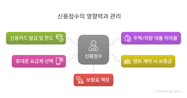 신용점수가 신용카드 한도, 휴대폰 요금제, 대출 이자율, 렌트 보증금, 보험료 책정 등에 미치는 영향 시각화 도식