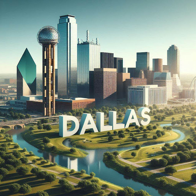 Dallas city skyline during golden hour with 'DALLAS' text overlay