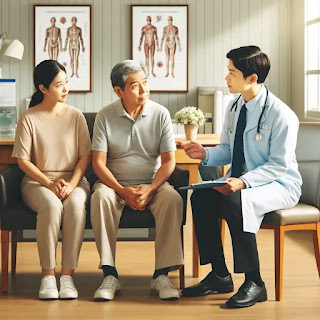 미국 병원에서 진료 상담 중인 한국인 부모님과 자녀
