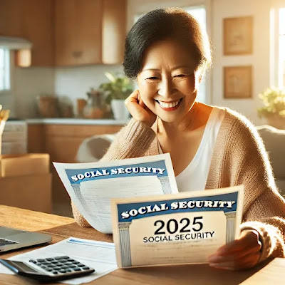 2025년 Social Security 인상 소식을 확인하며 미소 짓는 한인 시니어의 모습