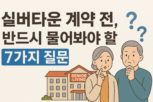 실버타운 계약 전, 반드시 물어봐야 할 7가지 질문을 소개하는 썸네일 이미지. 고민하는 표정의 시니어 부부와 SENIOR LIVING 건물이 함께 그려져 있음