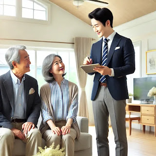 고객과 상담 중인 부동산 에이전트 시니어 여성의 일러스트